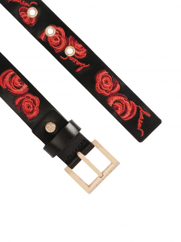 Kazar Black Leather Belt Embroidered With Red Roses