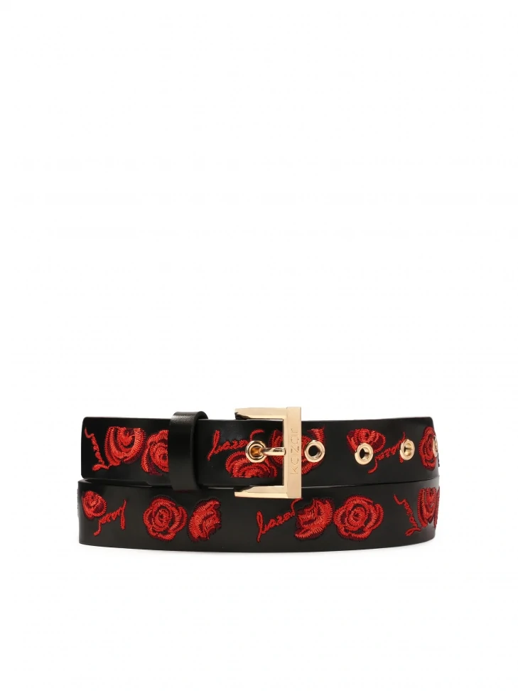kazar Black leather belt embroidered with red roses
