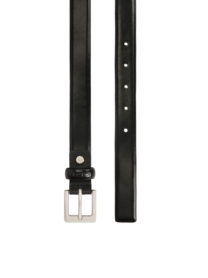 Kazar Black Leather Belt With Logoed Loop And Silver Buckle