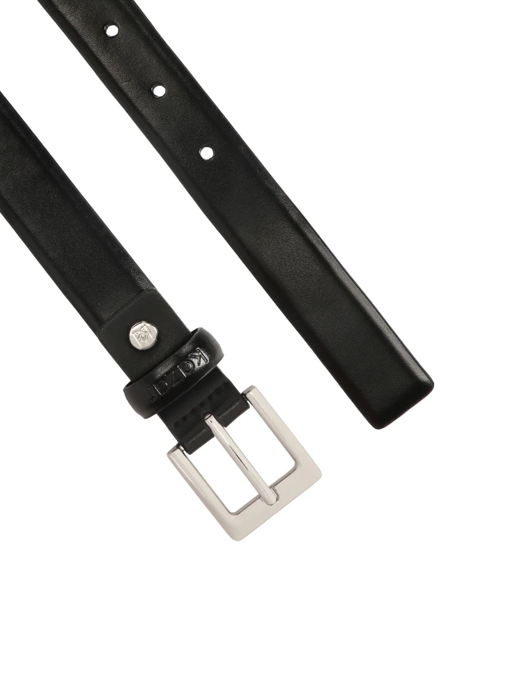 Kazar Black Leather Belt With Logoed Loop And Silver Buckle