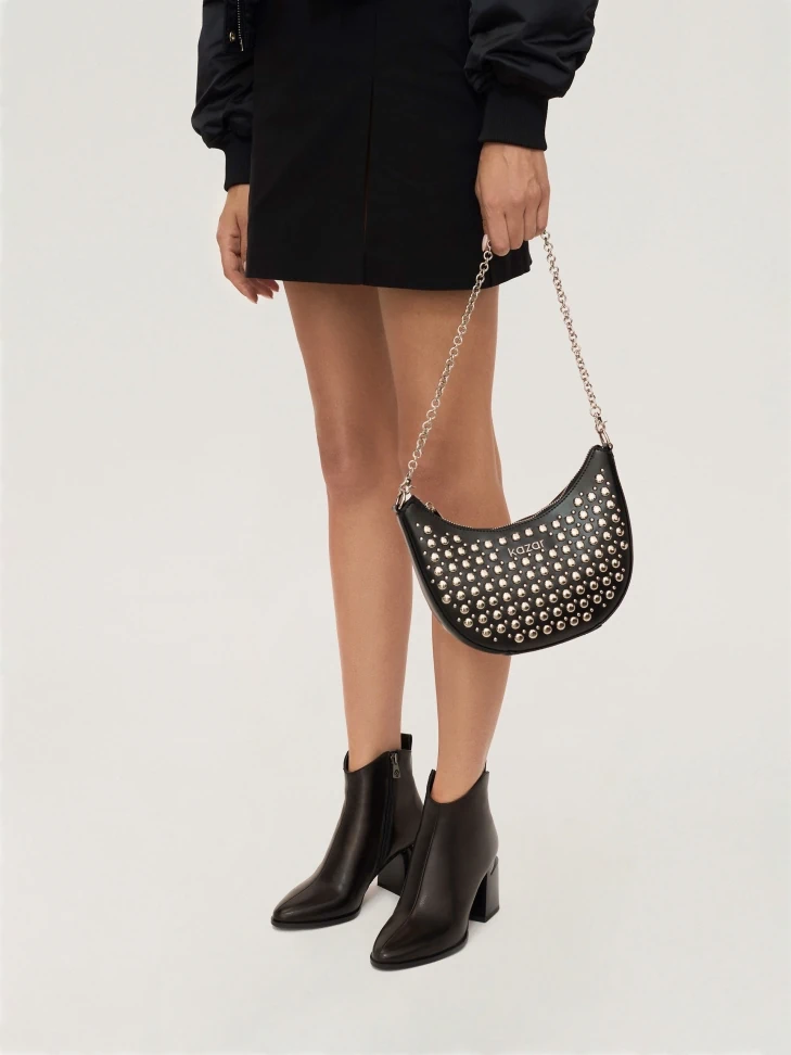 Kazar Black Leather Booties On A Block Heel With A Metal Insert