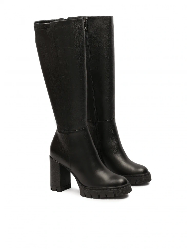 Kazar Black Leather Boots With Comfortable Wide Heel