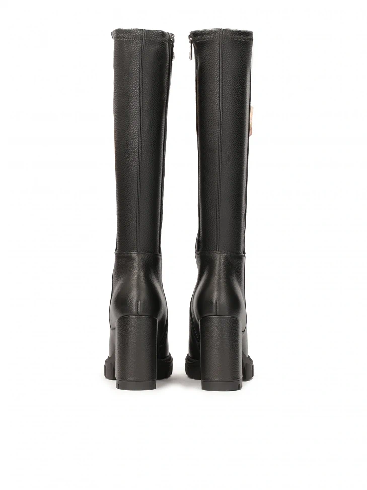 Kazar Black Leather Boots With Comfortable Wide Heel