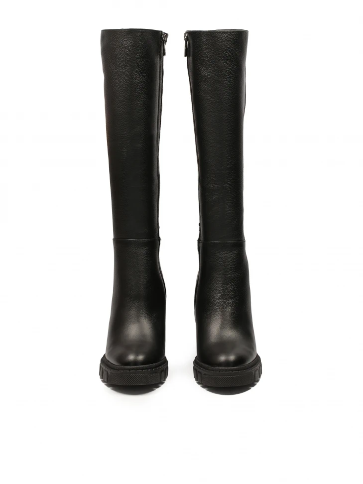 Kazar Black Leather Boots With Comfortable Wide Heel