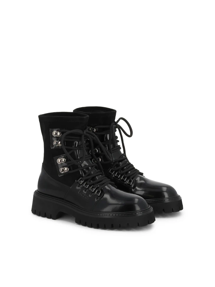 Kazar Black Leather Boots With Fabric Upper And Trep Sole