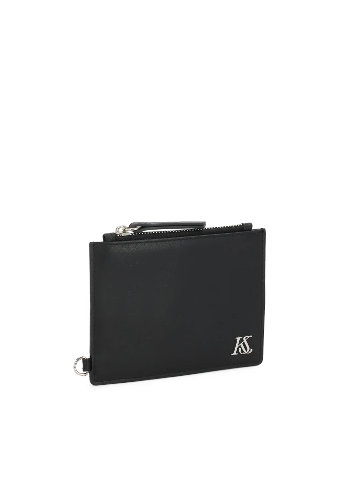 Kazar Black Leather Card Case With Detachable Strap And Zipper Pocket