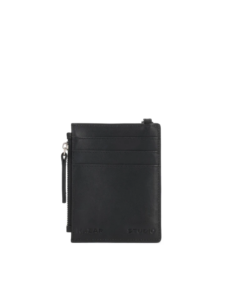 Kazar Black Leather Card Case With Detachable Strap And Zipper Pocket