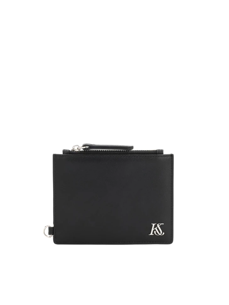kazar Black leather card case with detachable strap and zipper pocket