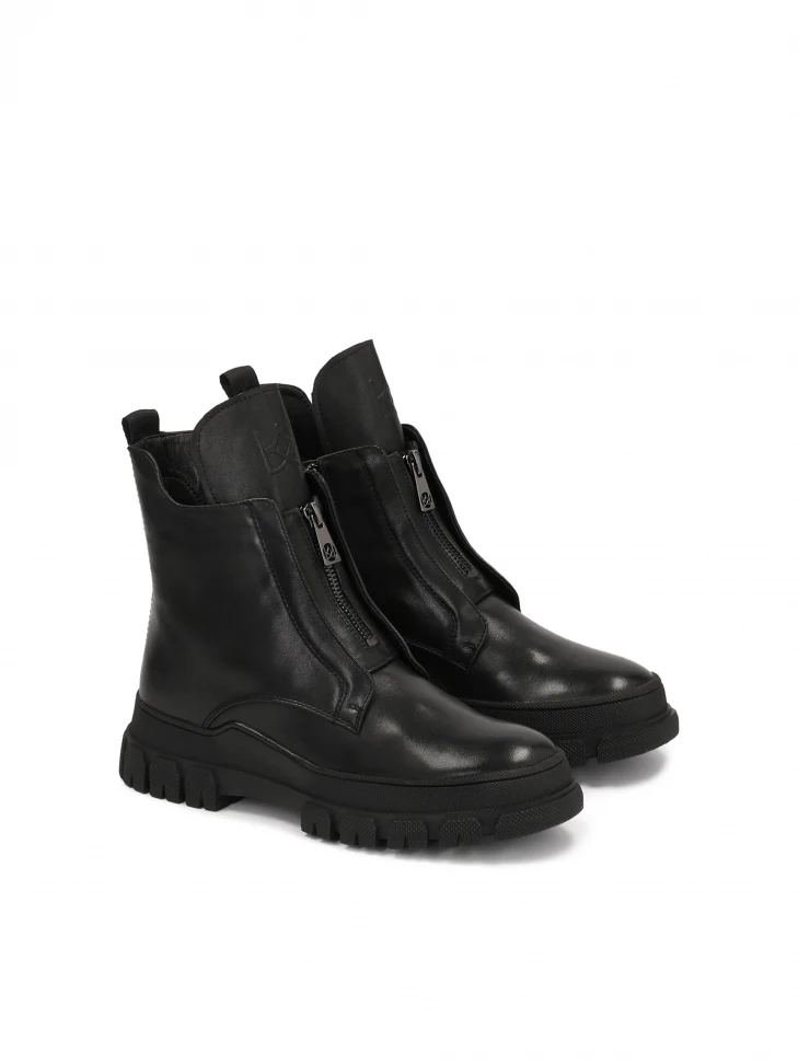 Kazar Black Leather Flat Ankle Boots With A Zipper On The Front And The Tall Tongue