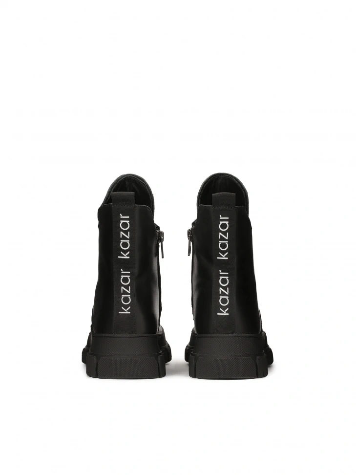 Kazar Black Leather Flat Ankle Boots With A Zipper On The Front And The Tall Tongue