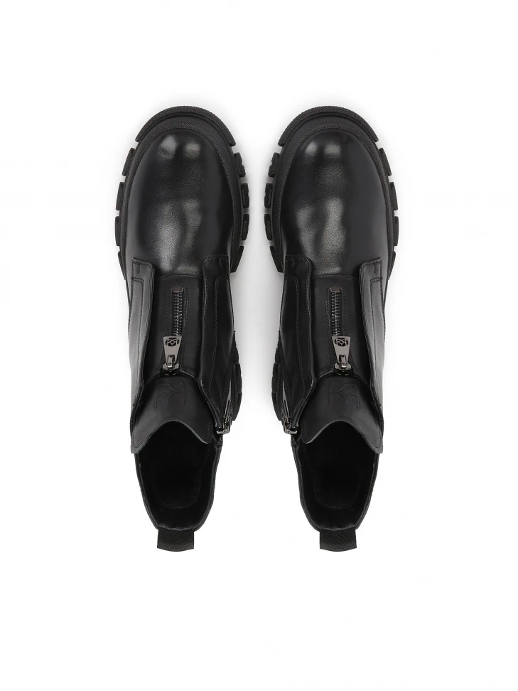 Kazar Black Leather Flat Ankle Boots With A Zipper On The Front And The Tall Tongue
