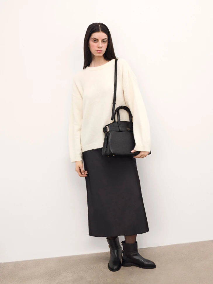 Kazar Black Leather Handbag With Decorative Strap And Functional Interior