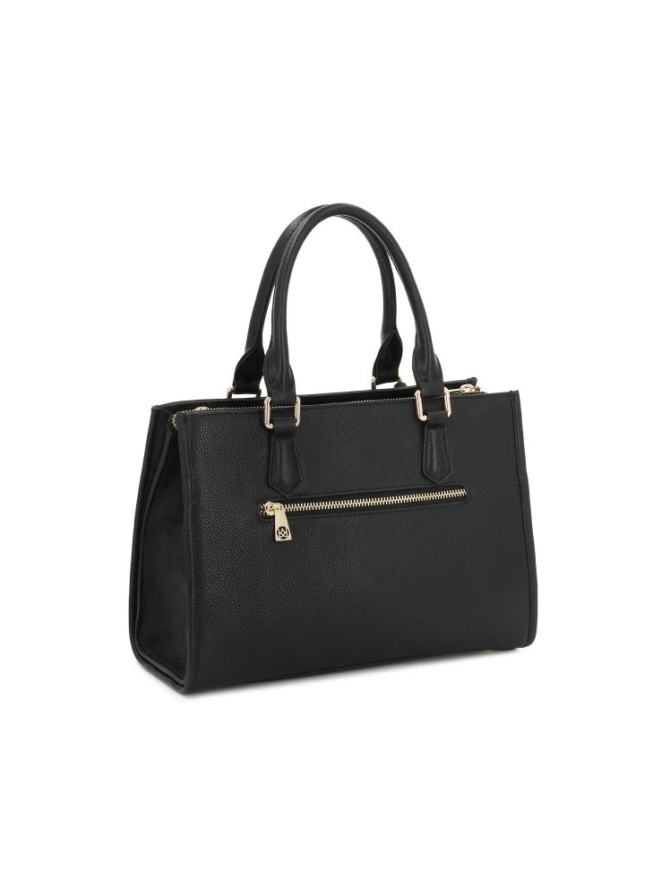 Kazar Black Leather Handbag With Detachable Strap And Lockable Compartment