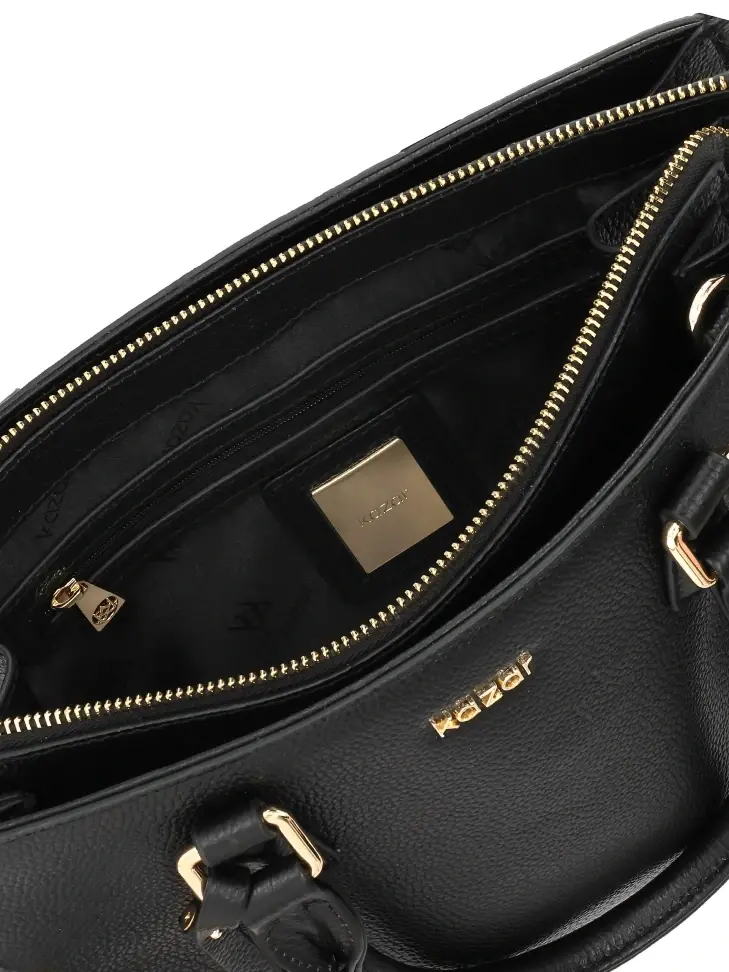 Kazar Black Leather Handbag With Detachable Strap And Lockable Compartment