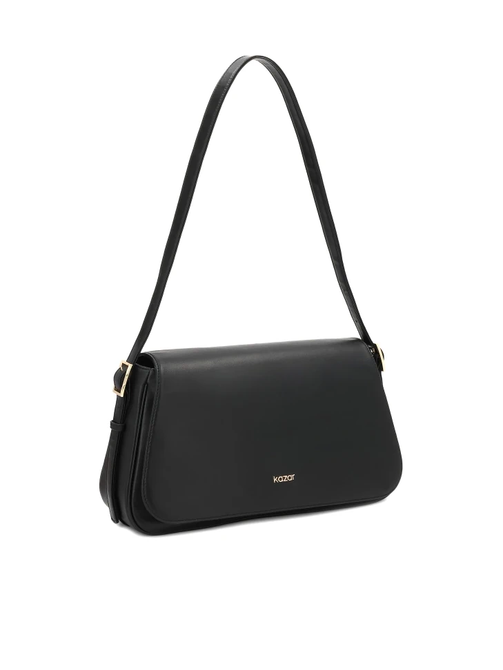 Kazar Black Leather Handbag With Flap And Adjustable Strap