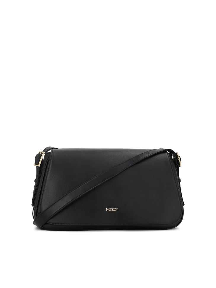 kazar Black leather handbag with flap and adjustable strap