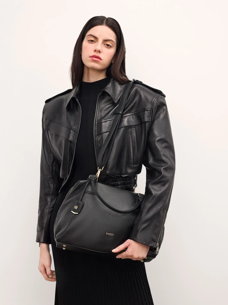 Kazar Black Leather Handbag With Key Ring And Detachable Strap