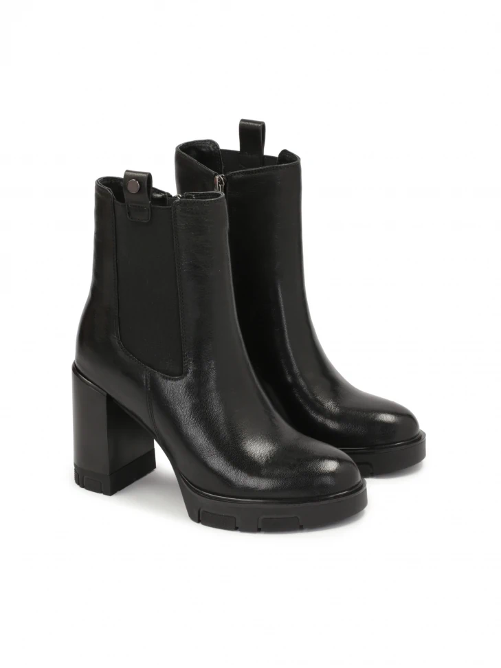 Kazar Black Leather High Booties With Zip And Elastic Insert