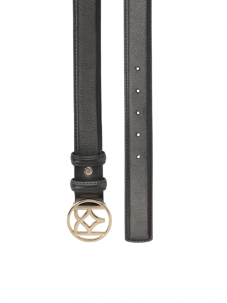 Kazar Black Leather Ladies' Belt With A Round Buckle With Monogram