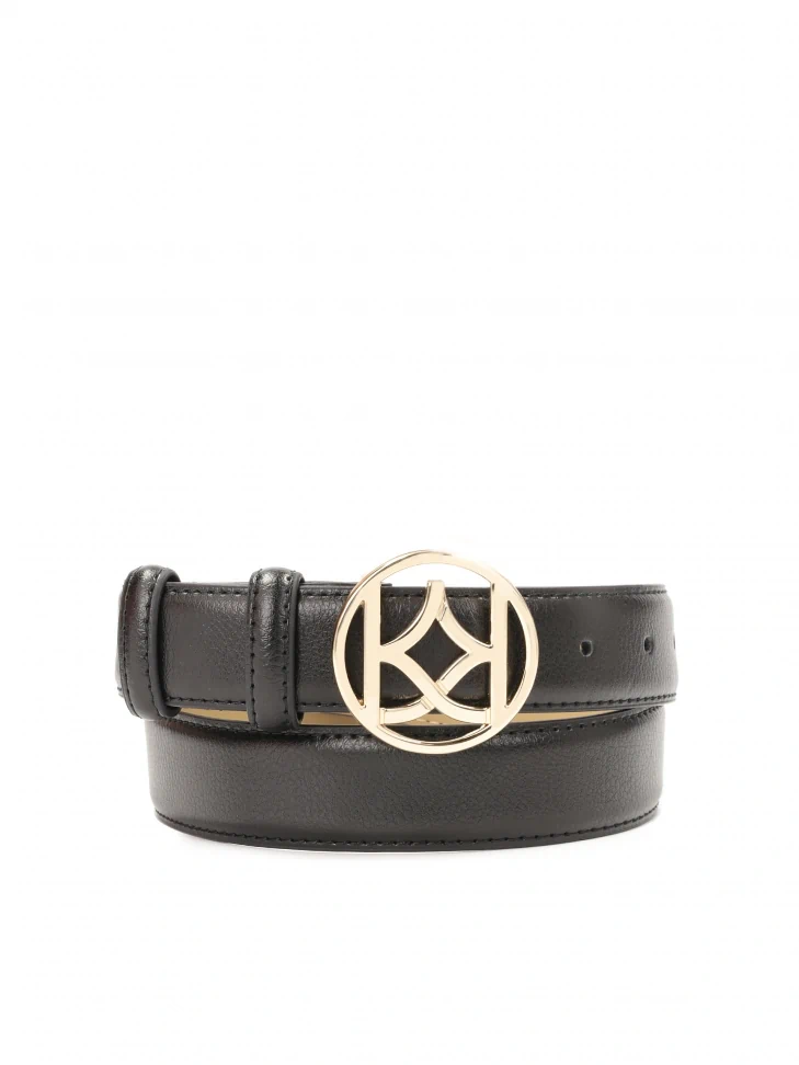 kazar Black leather ladies' belt with a round buckle with monogram