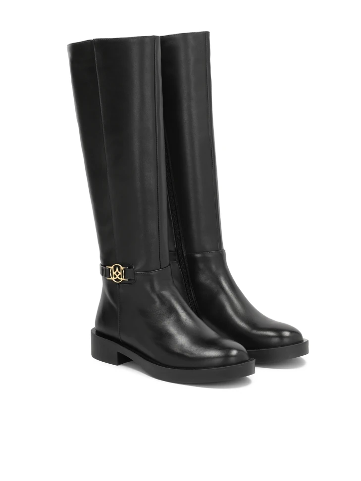 Kazar Black Leather Ladies' Boots With Metal Monogram