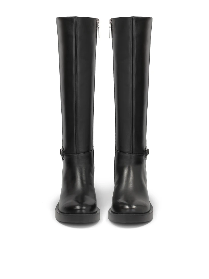Kazar Black Leather Ladies' Boots With Metal Monogram