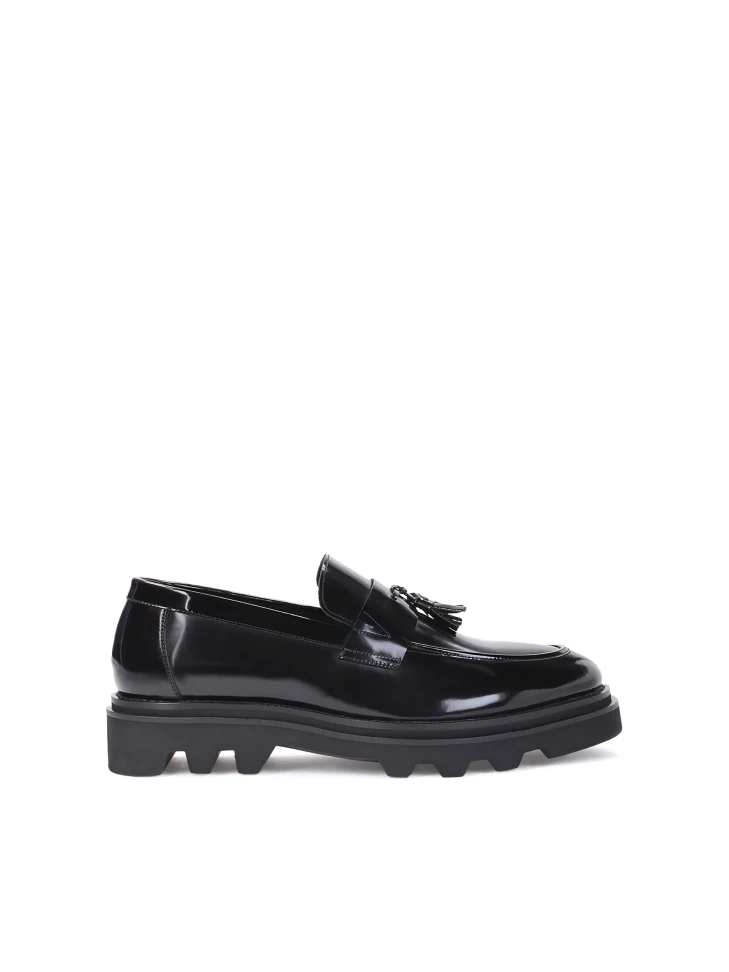 kazar Black leather loafers for men with a hiking sole