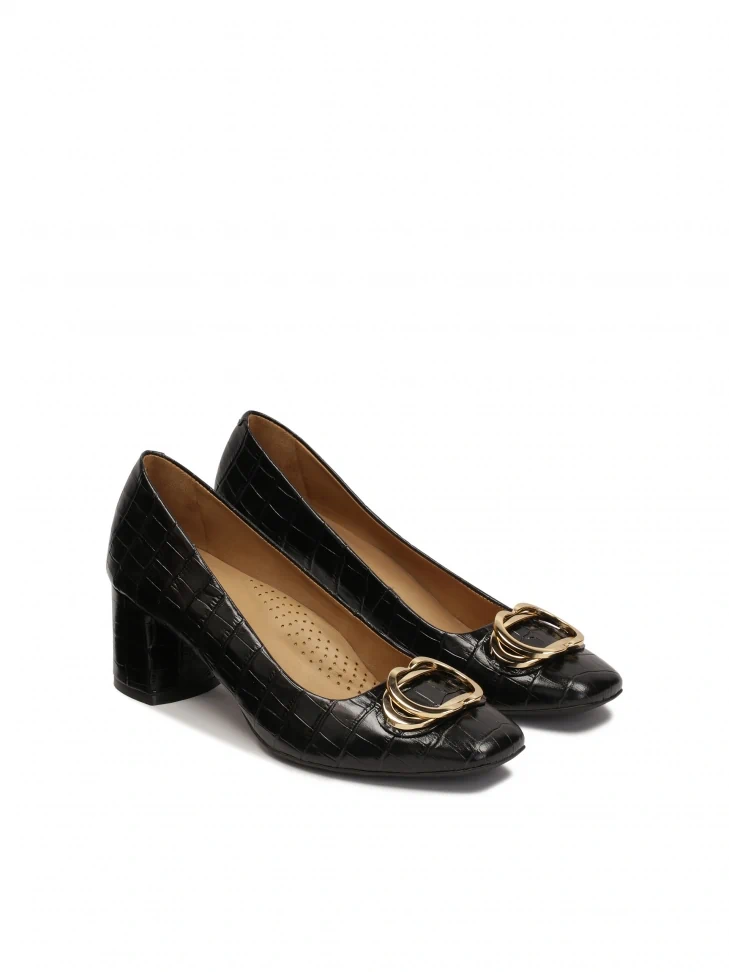 Kazar Black Leather Pumps Embossed With Animal Print