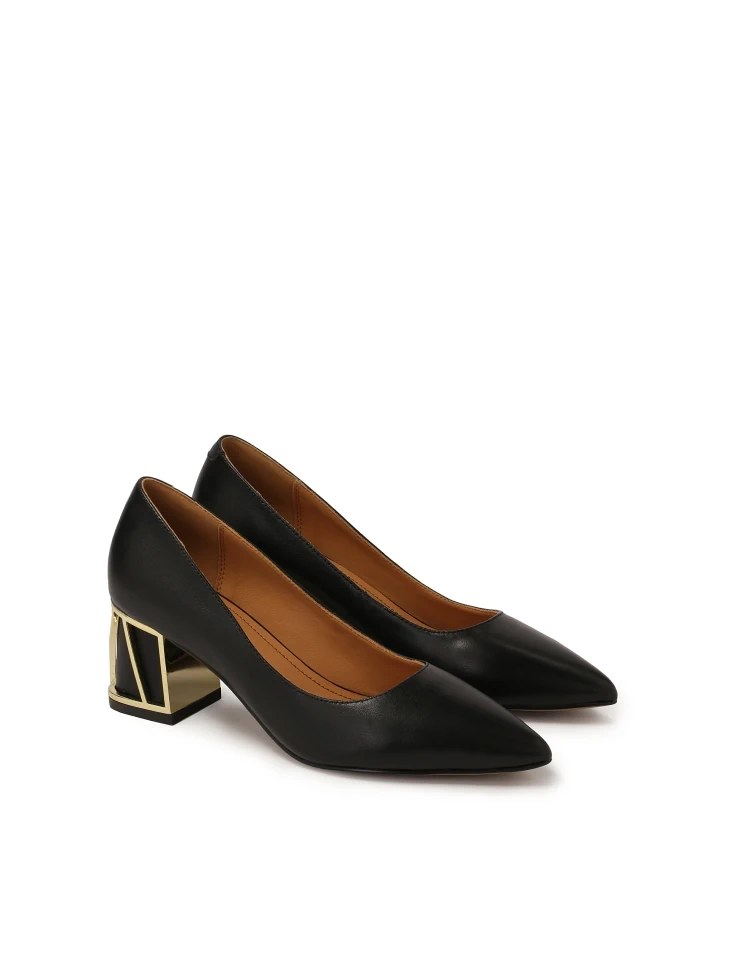 Kazar Black Leather Pumps With Gold Embellishment On The Heel
