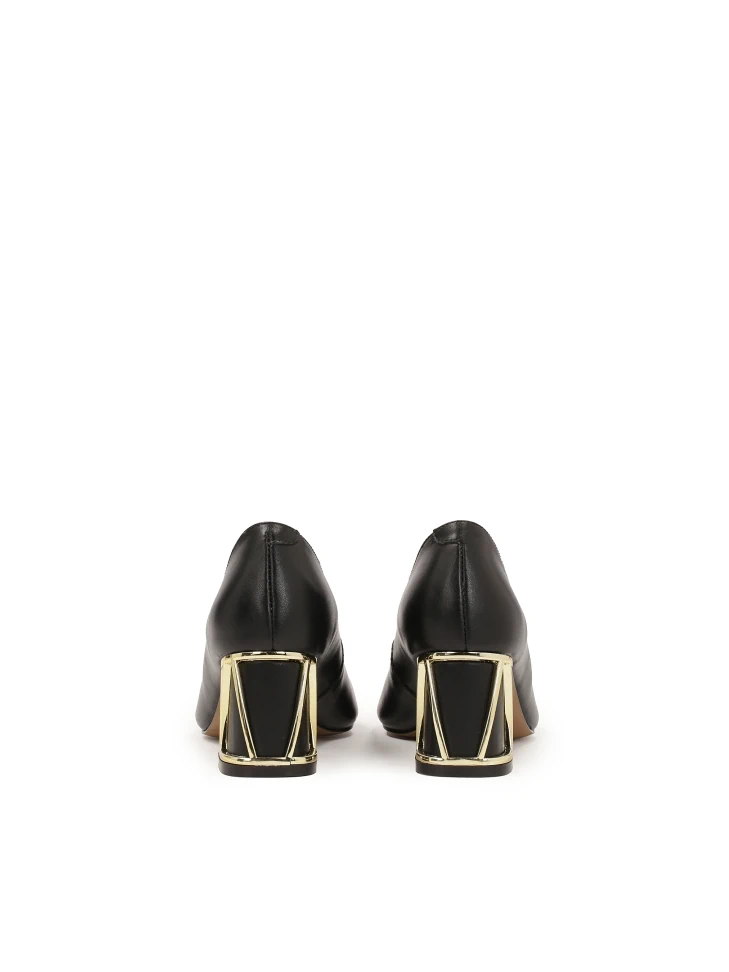 Kazar Black Leather Pumps With Gold Embellishment On The Heel