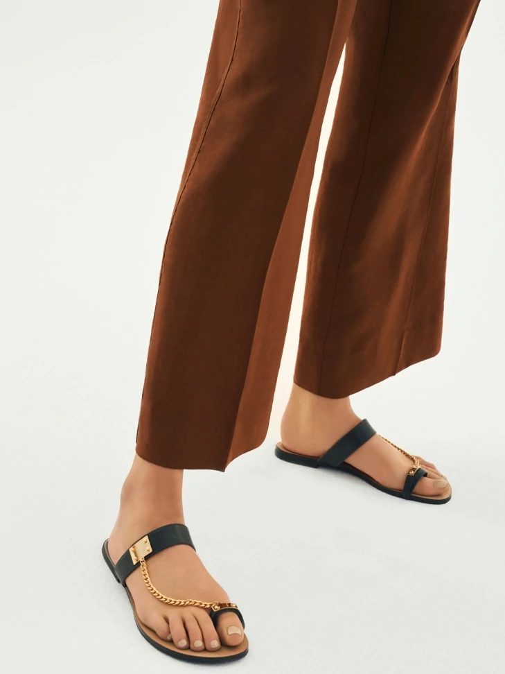 Kazar Black Leather Slides With Decorative Chain Detailing