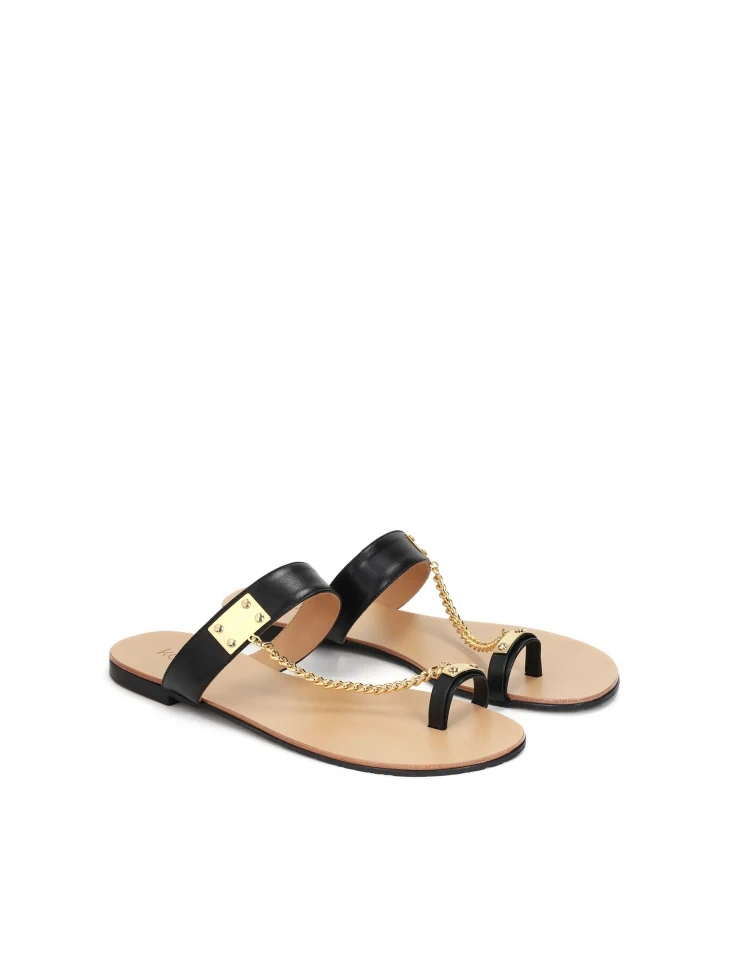 Kazar Black Leather Slides With Decorative Chain Detailing
