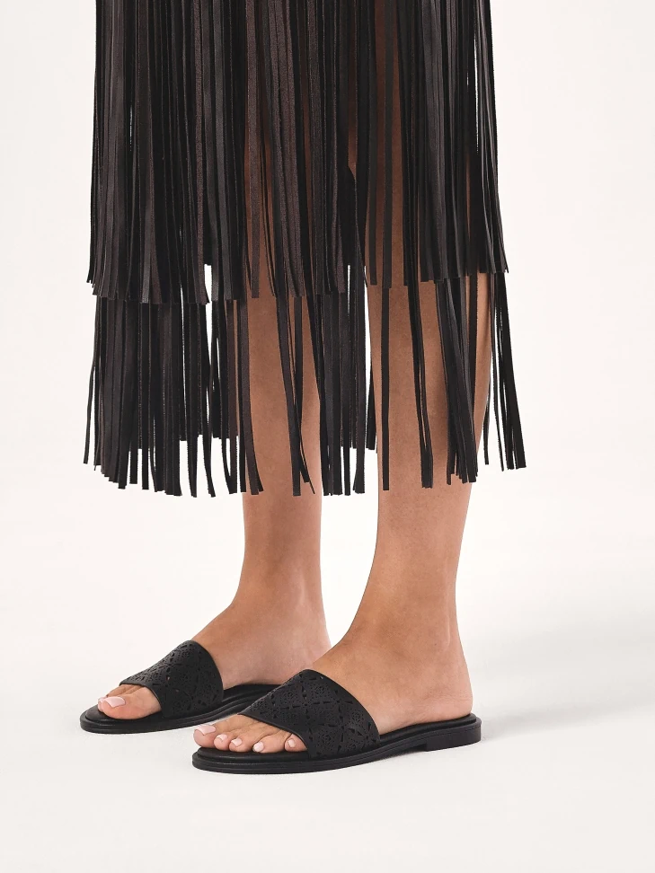 Kazar Black Leather Slides With Openwork Decoration