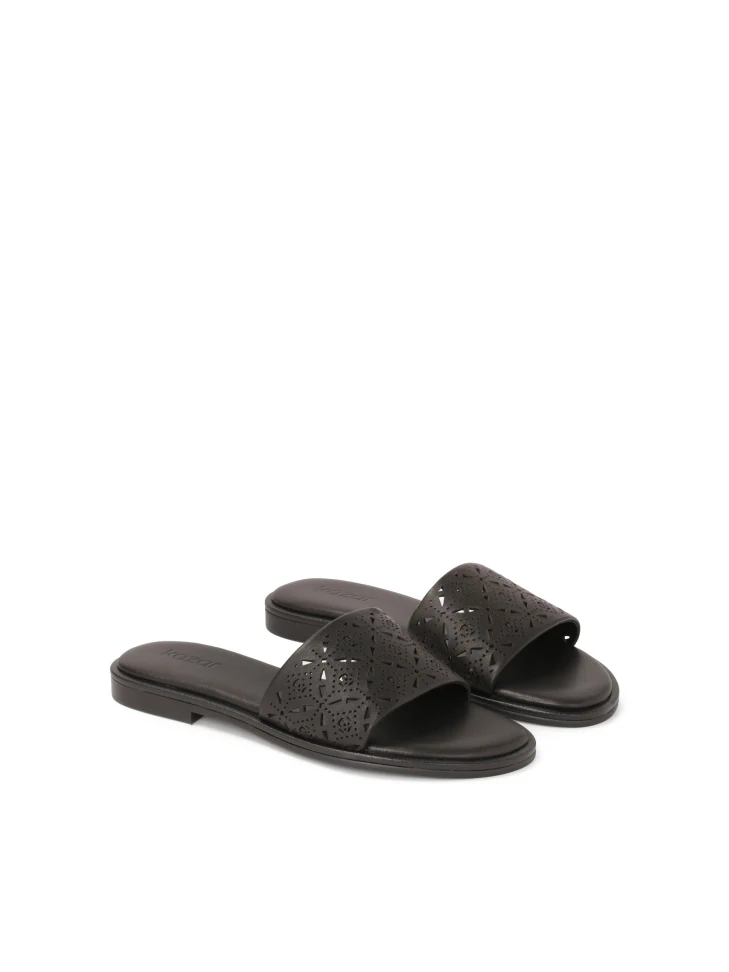 Kazar Black Leather Slides With Openwork Decoration