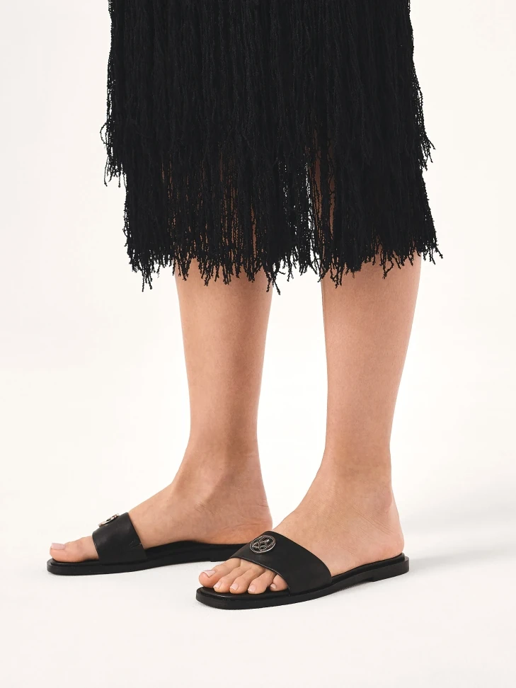 Kazar Black Leather Slides With Silver Monogram KAZAR