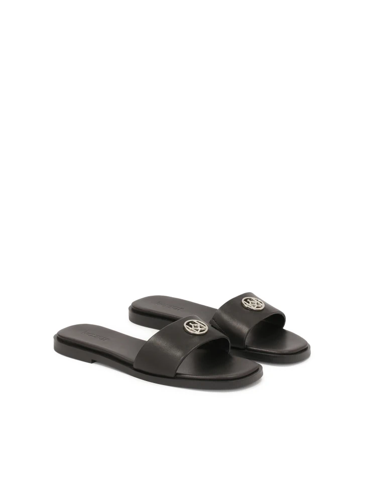 Kazar Black Leather Slides With Silver Monogram KAZAR