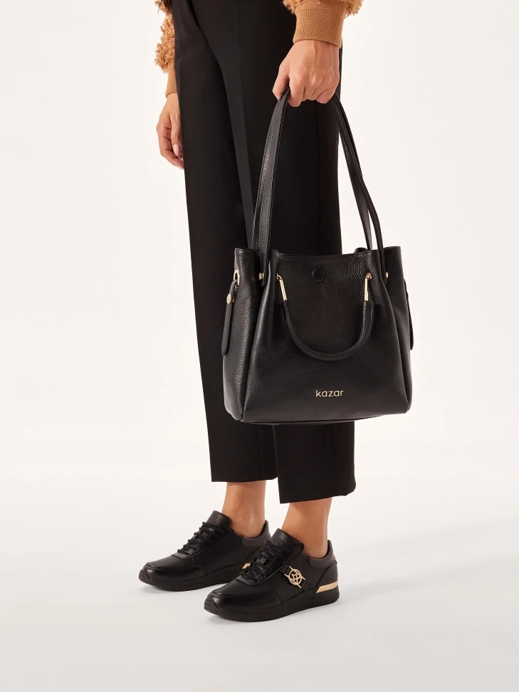 Kazar Black Leather Sneakers Decorated With Gold Elements