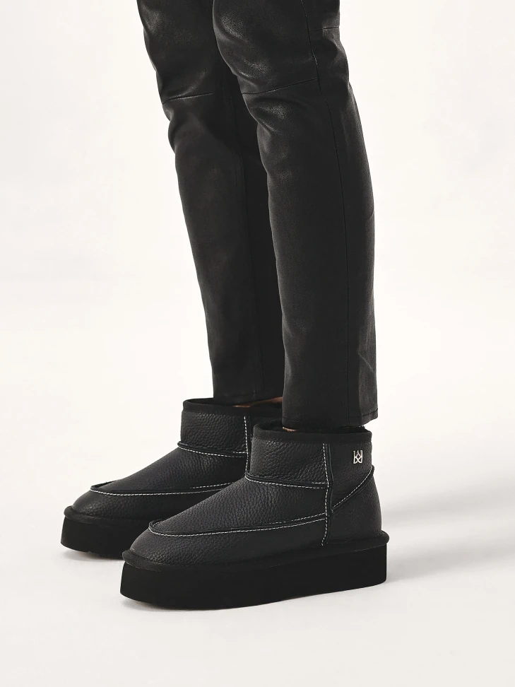Kazar Black Leather Snow Boots With White Threading
