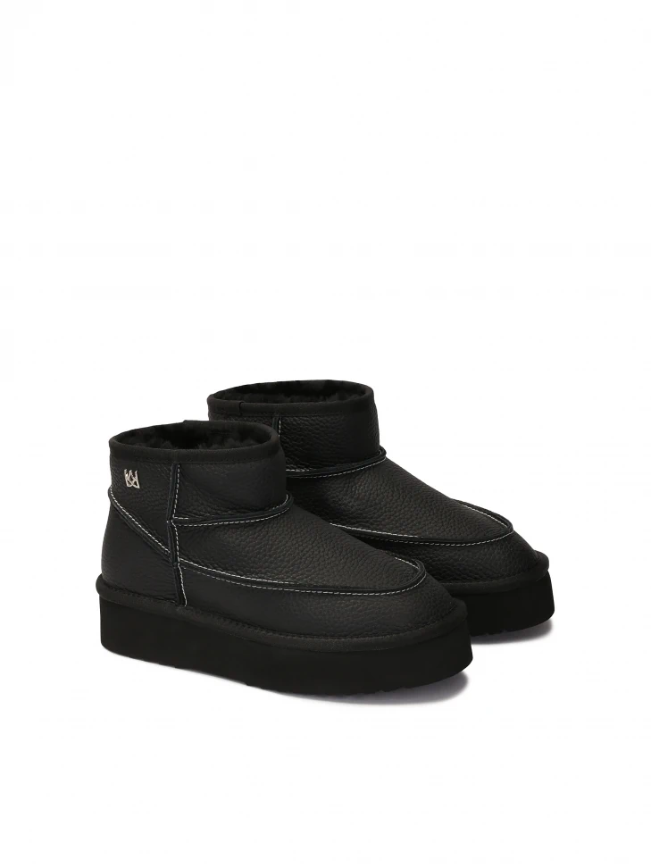 Kazar Black Leather Snow Boots With White Threading