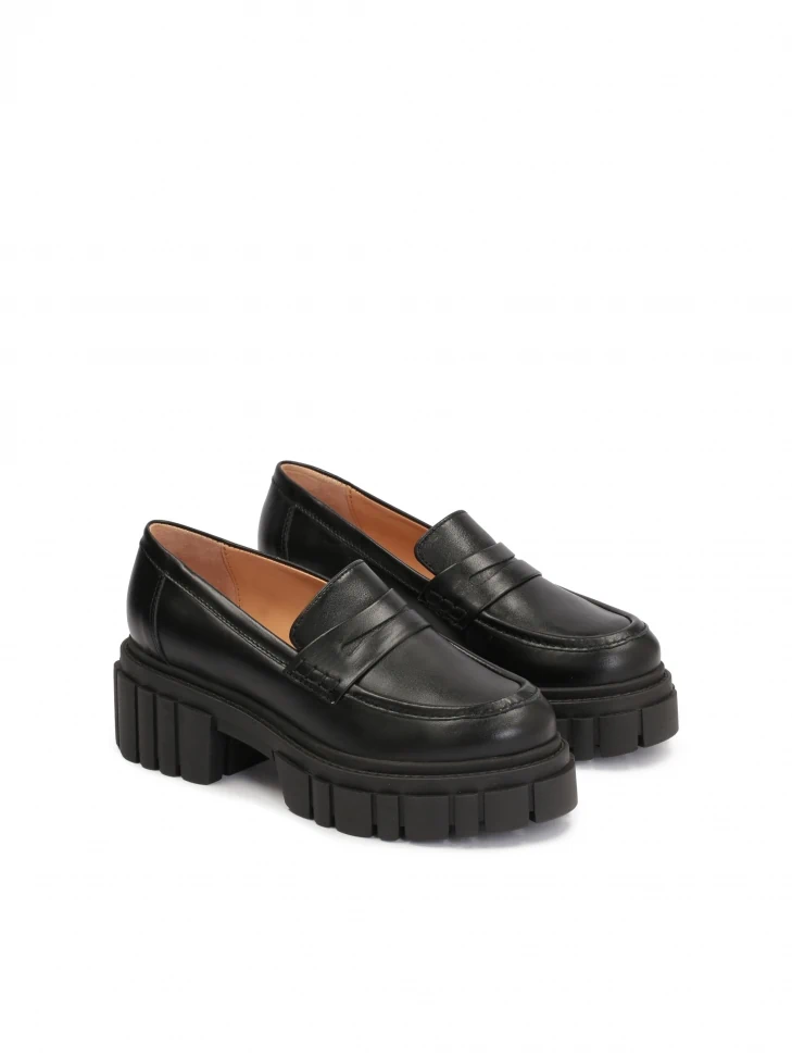 Kazar Black Leather Women's Shoes On A Thick Corrugated Sole