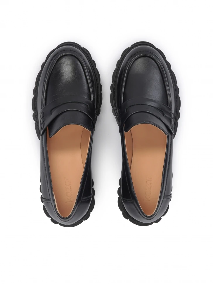 Kazar Black Leather Women's Shoes On A Thick Corrugated Sole