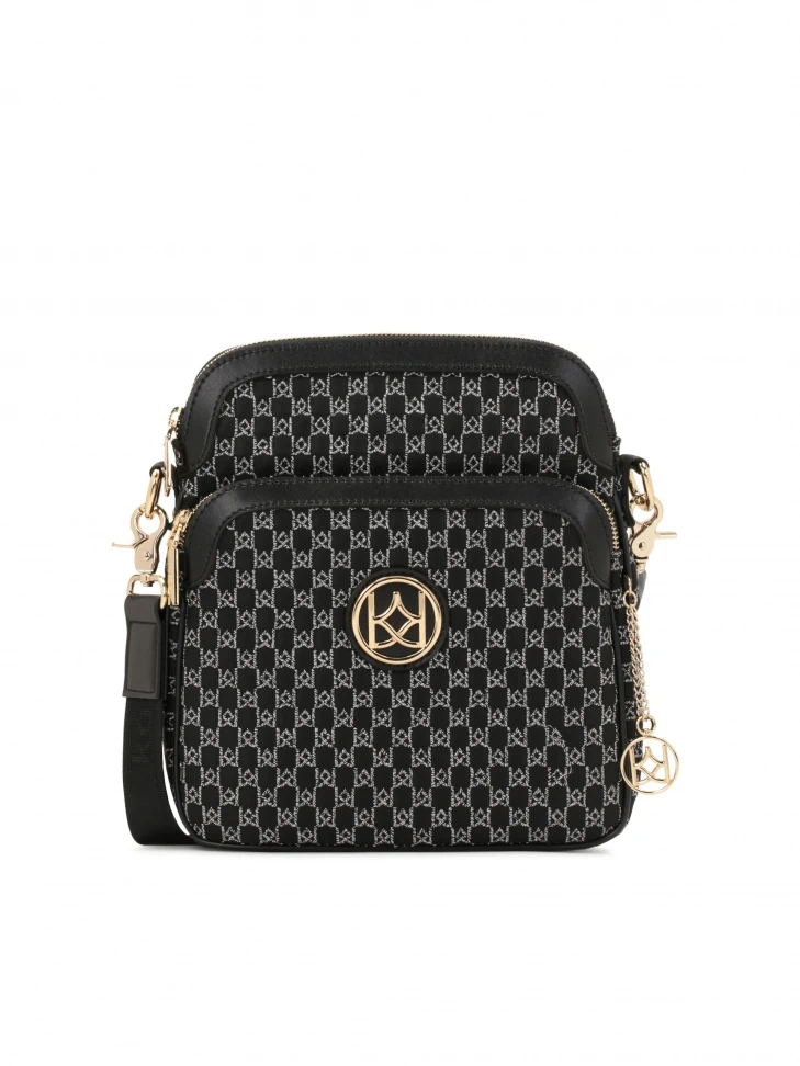Kazar Black Messenger Bag In Urban Style Decorated With A Grey Embroidered Pattern
