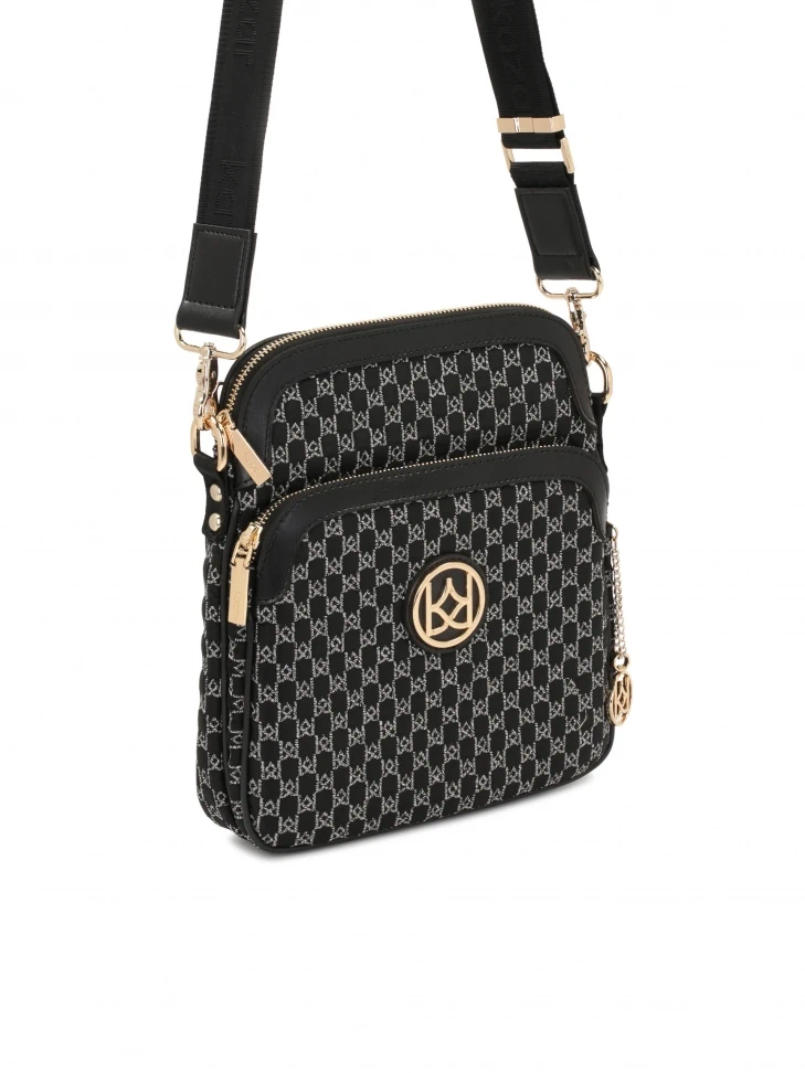 Kazar Black Messenger Bag In Urban Style Decorated With A Grey Embroidered Pattern