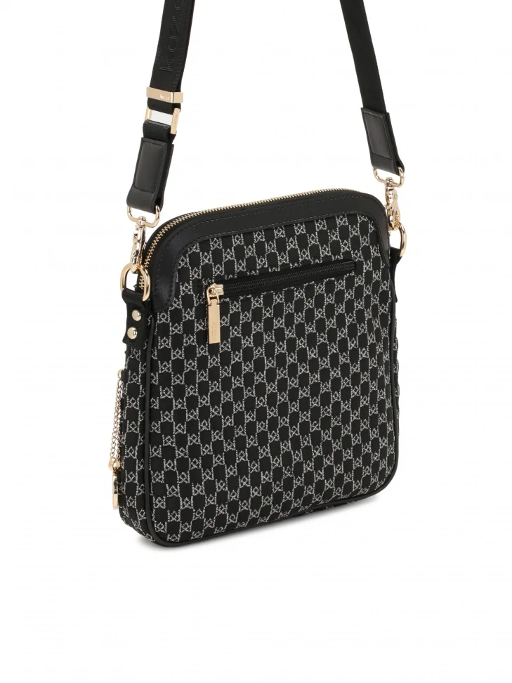 Kazar Black Messenger Bag In Urban Style Decorated With A Grey Embroidered Pattern