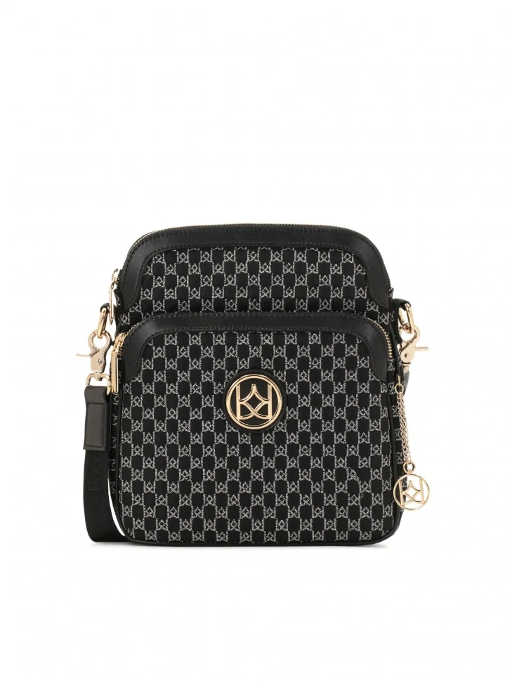 kazar Black messenger bag in urban style decorated with a grey embroidered pattern