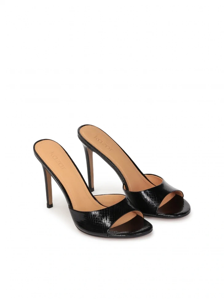 Kazar Black Mules On A Heel Made Of Embossed Leather