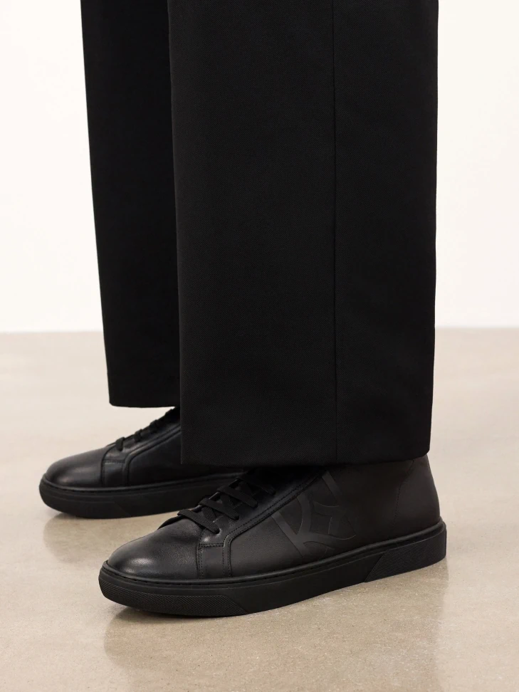 Kazar Black Natural Leather Ankle Sneakers With Embossed Logo