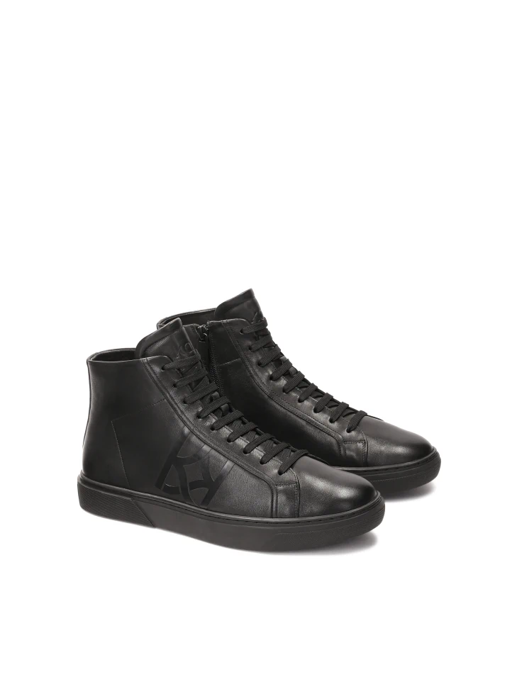 Kazar Black Natural Leather Ankle Sneakers With Embossed Logo