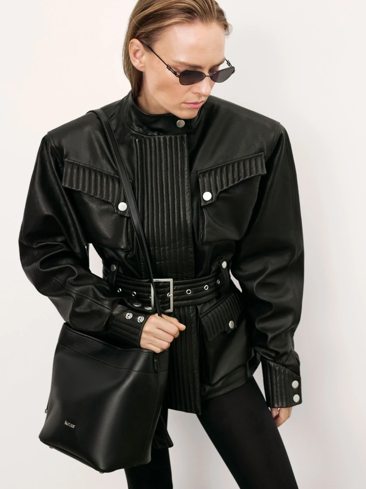 Kazar Black Natural Leather Handbag With Adjustable Strap