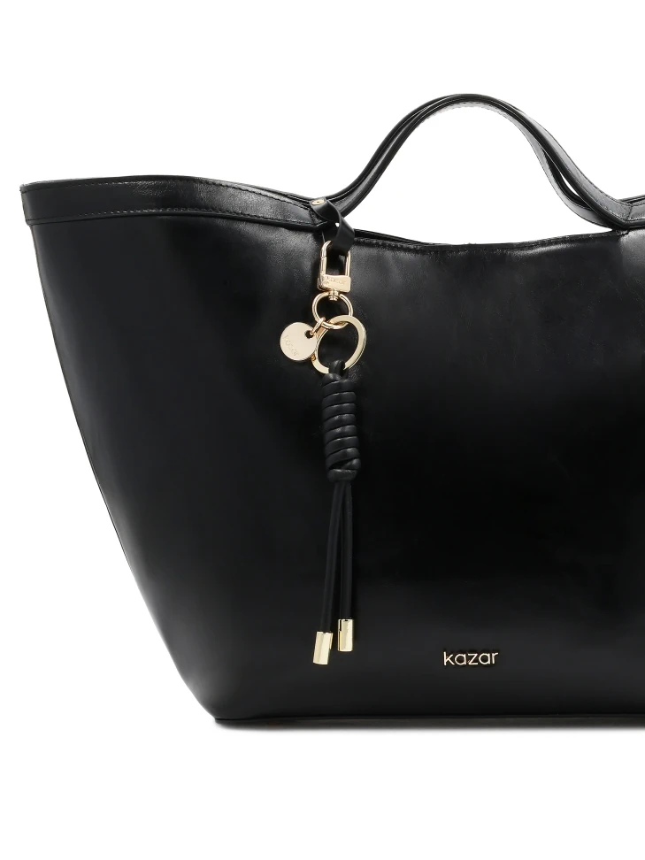 Kazar Black Natural Leather Key Ring With Gold Details